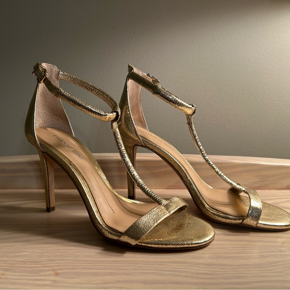 Gianni Bini Gold Metallic T-strap Peep-toe Stiletto Heels